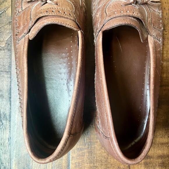 Vintage Woven Leather Tassel Loafers Mens 9.5 Brown Moc Toe Slip On Casual Tan main image 8